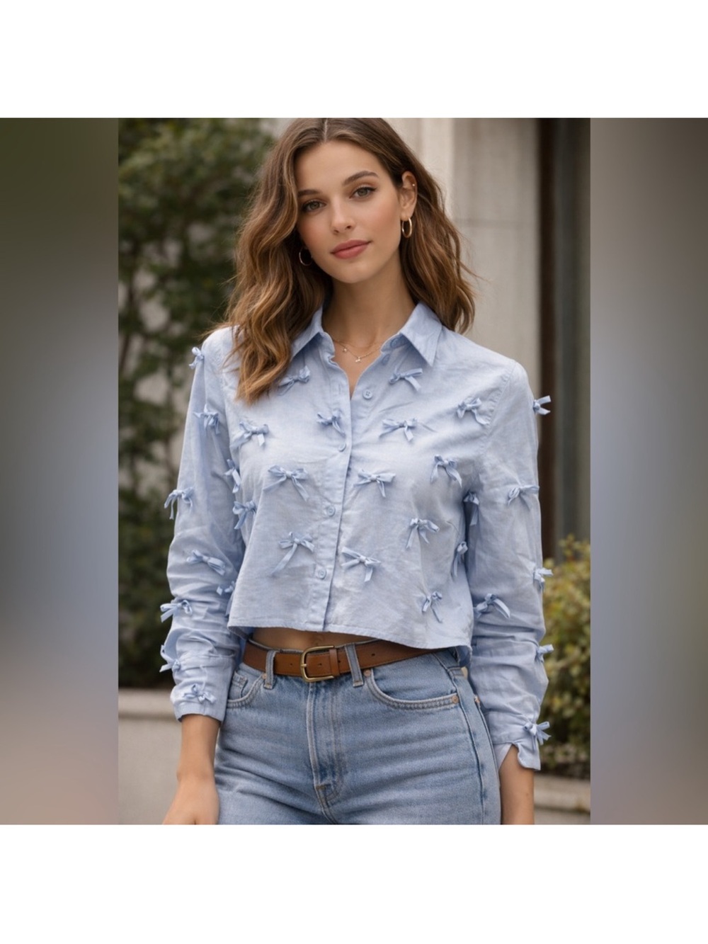 Wild Fable Women's Long Sleeve Cropped Bow Button-Down Shirt Light Blue XS
